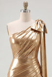 One Shoulder Red Metallic Ruched Asymmetrical Short Homecoming Dress with Bow