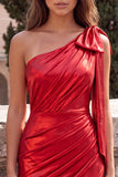 One Shoulder Red Metallic Ruched Asymmetrical Short Homecoming Dress with Bow