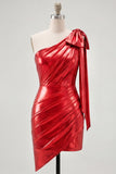 One Shoulder Red Metallic Ruched Asymmetrical Short Homecoming Dress with Bow