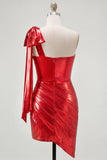 One Shoulder Red Metallic Ruched Asymmetrical Short Homecoming Dress with Bow