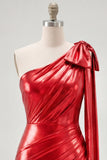 One Shoulder Red Metallic Ruched Asymmetrical Short Homecoming Dress with Bow