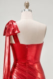 One Shoulder Red Metallic Ruched Asymmetrical Short Homecoming Dress with Bow