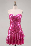 Fuchsia Metallic Sweetheart Ruched Ruffle Short Homecoming Dress