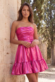 Strapless Gold Metallic Ruched A Line Homecoming Dress with Ruffles