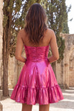 Strapless Gold Metallic Ruched A Line Homecoming Dress with Ruffles
