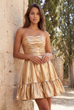 Strapless Gold Metallic Ruched A Line Homecoming Dress with Ruffles