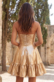 Strapless Gold Metallic Ruched A Line Homecoming Dress with Ruffles