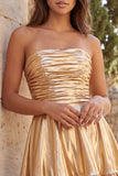 Strapless Gold Metallic Ruched A Line Homecoming Dress with Ruffles