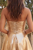 Strapless Gold Metallic Ruched A Line Homecoming Dress with Ruffles