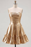 Strapless Gold Metallic Ruched A Line Homecoming Dress with Ruffles