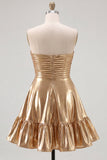 Strapless Gold Metallic Ruched A Line Homecoming Dress with Ruffles