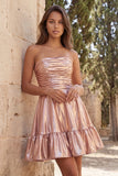 Strapless Gold Metallic Ruched A Line Homecoming Dress with Ruffles