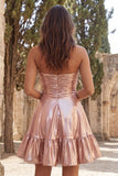 Strapless Gold Metallic Ruched A Line Homecoming Dress with Ruffles