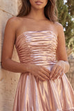 Strapless Gold Metallic Ruched A Line Homecoming Dress with Ruffles