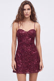 Sequin Burgundy Spaghetti Straps Short Homecoming Dress with Lace-up Back