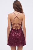 Sequin Burgundy Spaghetti Straps Short Homecoming Dress with Lace-up Back