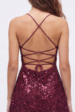 Sequin Burgundy Spaghetti Straps Short Homecoming Dress with Lace-up Back