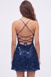 Sequin Burgundy Spaghetti Straps Short Homecoming Dress with Lace-up Back