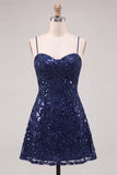 Sequin Burgundy Spaghetti Straps Short Homecoming Dress with Lace-up Back