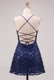 Sequin Burgundy Spaghetti Straps Short Homecoming Dress with Lace-up Back