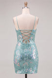 Sparkly Mint Green Bodycon Homecoming Dress with Lace-up Back