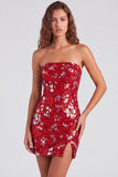 Sparkly Red Bodycon Strapless Short Homecoming Dress with Slit