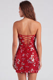 Sparkly Red Bodycon Strapless Short Homecoming Dress with Slit