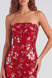 Sparkly Red Bodycon Strapless Short Homecoming Dress with Slit
