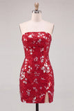 Sparkly Red Bodycon Strapless Short Homecoming Dress with Slit