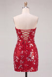 Sparkly Red Bodycon Strapless Short Homecoming Dress with Slit