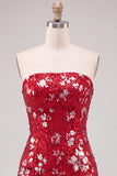 Sparkly Red Bodycon Strapless Short Homecoming Dress with Slit