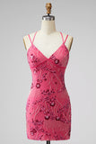 Bodycon Sequin Beaded Pink Homecoming Dress with Lace-up Back