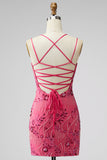 Bodycon Sequin Beaded Pink Homecoming Dress with Lace-up Back