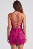 Bodycon Sequin Beaded Pink Homecoming Dress with Lace-up Back