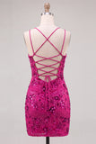Bodycon Sequin Beaded Pink Homecoming Dress with Lace-up Back