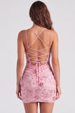 Bodycon Sequin Beaded Pink Homecoming Dress with Lace-up Back