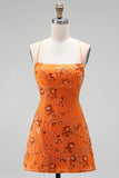 Orange Sequin Beaded A Line Homecoming Dress with Lace-up Back