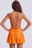 Orange Sequin Beaded A Line Homecoming Dress with Lace-up Back