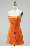 Orange Sequin Beaded A Line Homecoming Dress with Lace-up Back