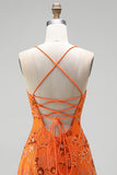 Orange Sequin Beaded A Line Homecoming Dress with Lace-up Back