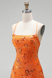 Orange Sequin Beaded A Line Homecoming Dress with Lace-up Back