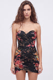 Black Floral Strapless Ruched Bodycon Homecoming Dress with Lace-up Back