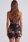 Black Floral Strapless Ruched Bodycon Homecoming Dress with Lace-up Back