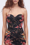 Black Floral Strapless Ruched Bodycon Homecoming Dress with Lace-up Back