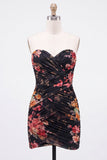 Black Floral Strapless Ruched Bodycon Homecoming Dress with Lace-up Back