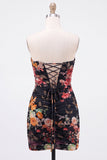 Black Floral Strapless Ruched Bodycon Homecoming Dress with Lace-up Back