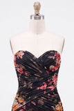 Black Floral Strapless Ruched Bodycon Homecoming Dress with Lace-up Back