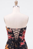 Black Floral Strapless Ruched Bodycon Homecoming Dress with Lace-up Back