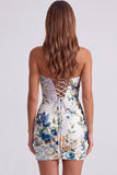 Black Floral Strapless Ruched Bodycon Homecoming Dress with Lace-up Back