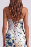 Black Floral Strapless Ruched Bodycon Homecoming Dress with Lace-up Back